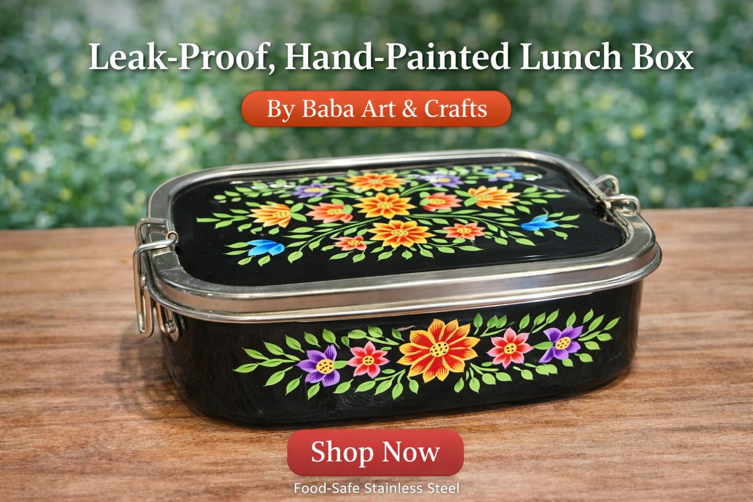 Elegant single tier rectangular stainless steel lunch box, hand-painted by Kashmiri artisans. Lead-free, leak-proof, food-safe with 1 inner tray. A perfect blend of art and utility.